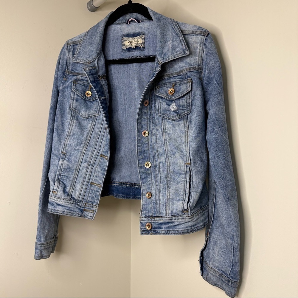 YMI Light Blue Denim Cropped Jean Jacket – Distressed Pocket, Size Large